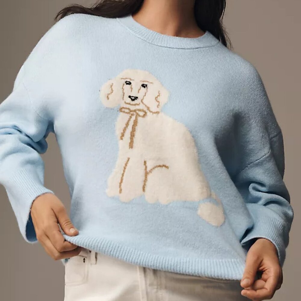 Anthropologie POODLE Maeve DOG ICON sweater light blue crew neck Pullover M NWT - Picture 3 of 14